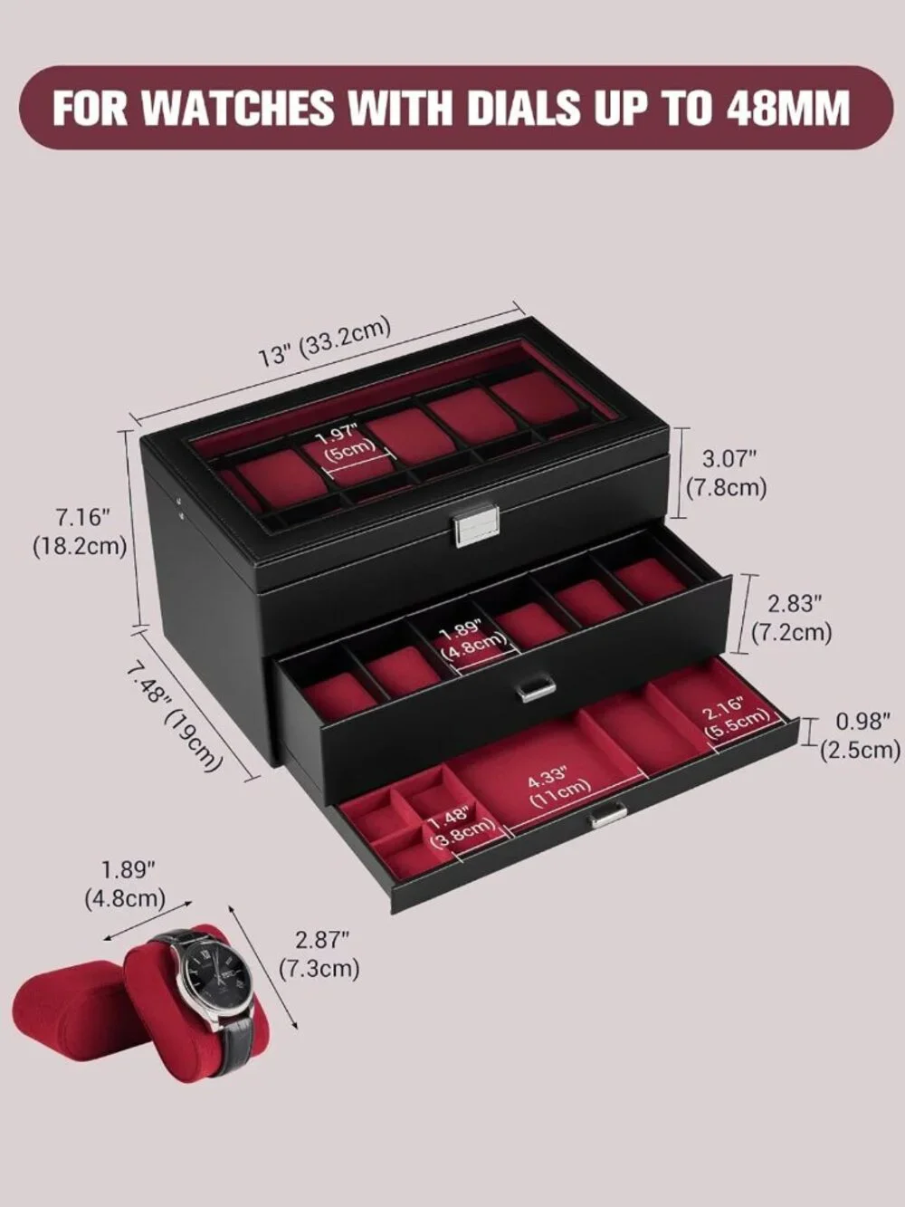 Large 24-Slot Watch Box for Men - Elegant Wine Red Organizer for Timepieces
